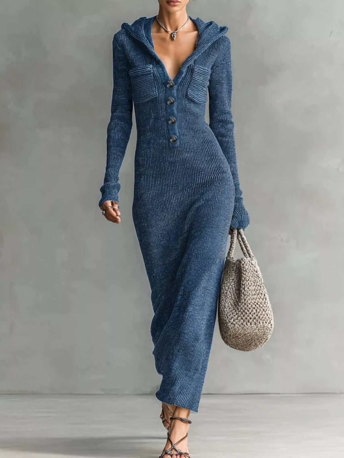 Knit hooded maxi dress with button placket and pockets, stylish and comfortable Trendsi dress shown in the image.