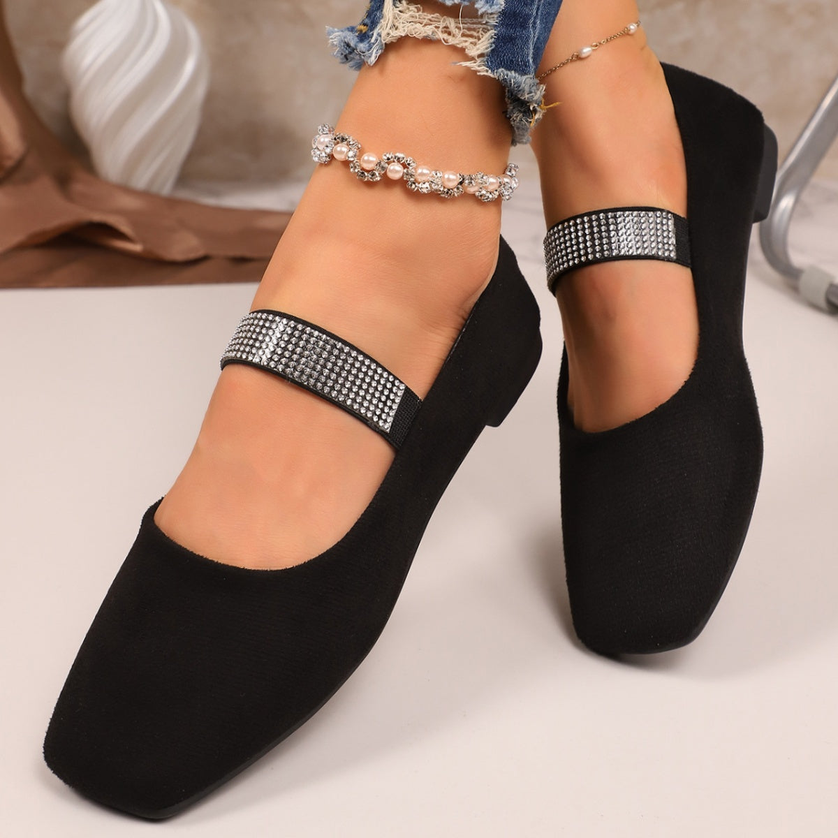 Rhinestone embellished square toe slip-on flats for women by Plush Fashion Hub, showing the sparkly decorative details and comfortable shoe design.