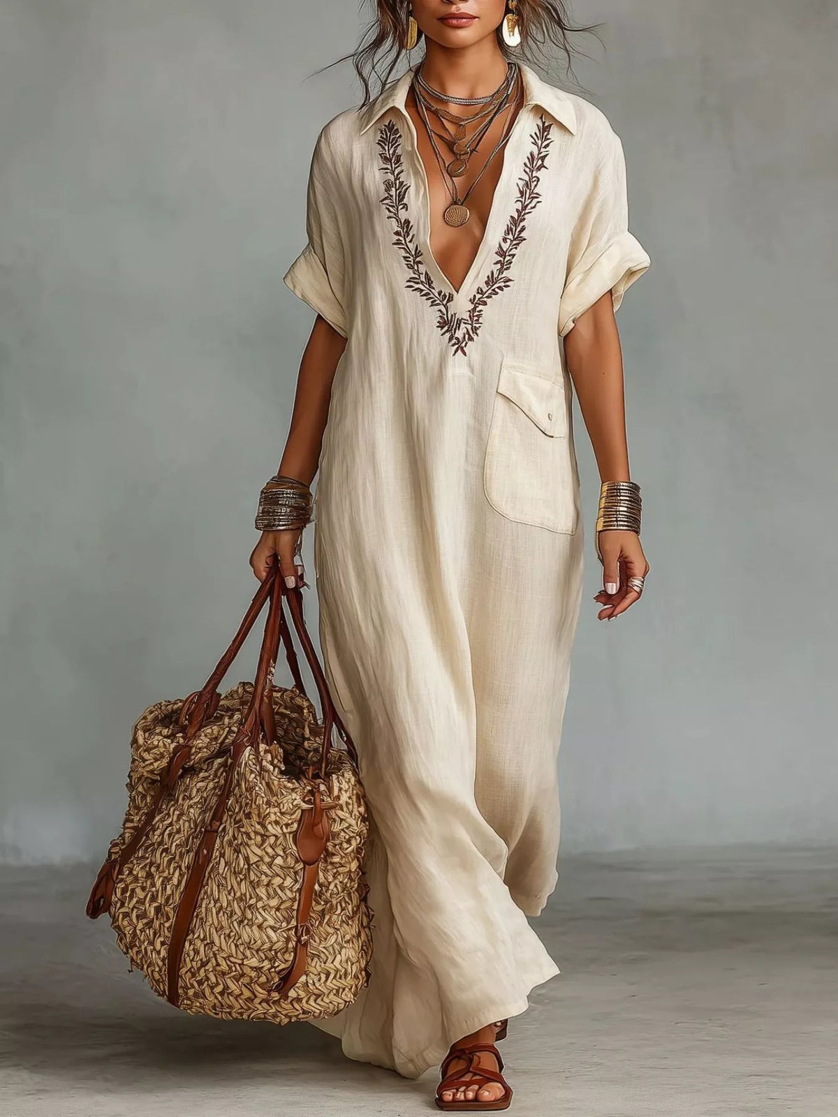Plus size full bohemian embroidered maxi dress with colorful patterns, flowing fabric, and relaxed fit, perfect for summer wear.