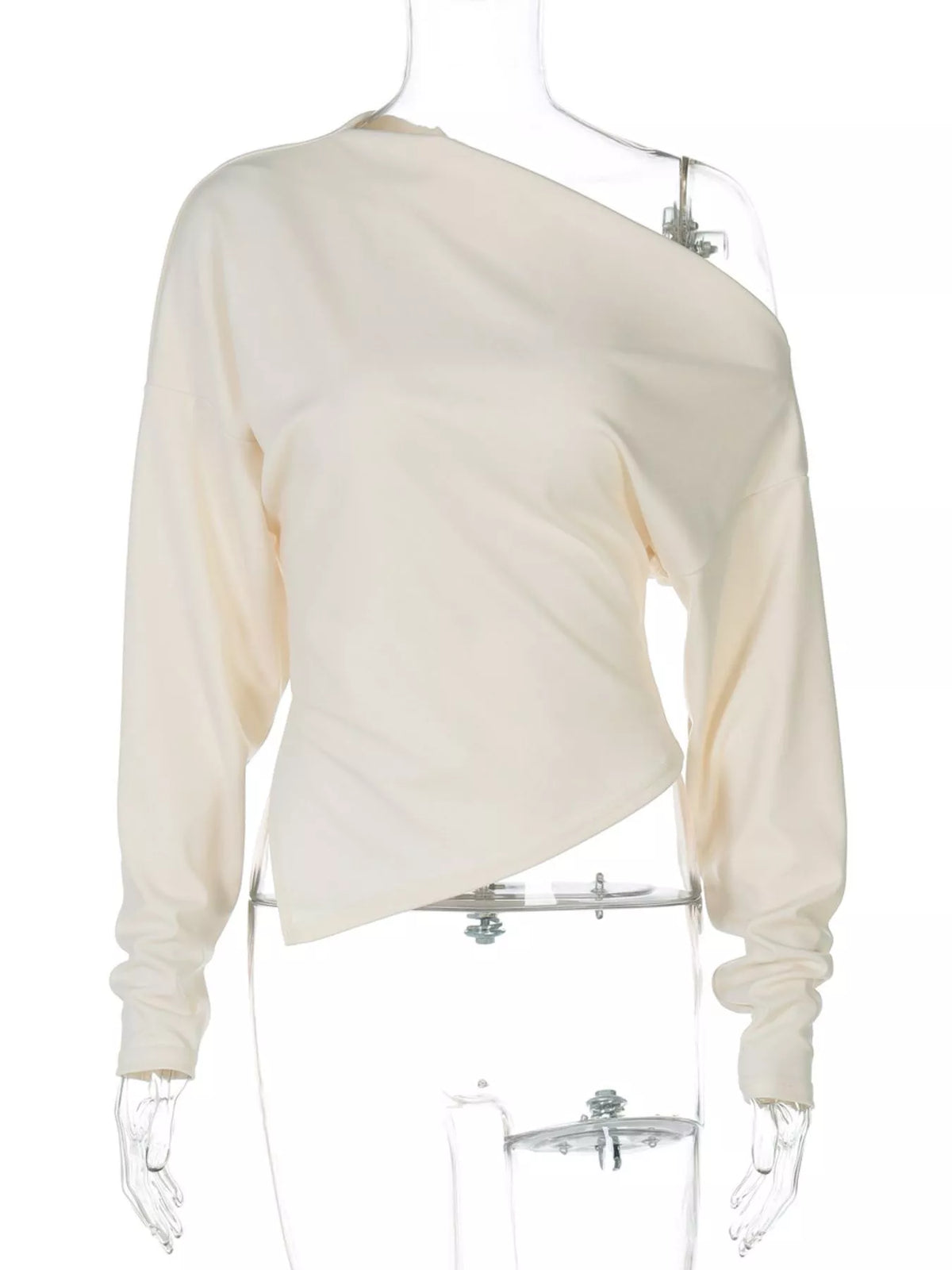 Asymmetrical off-shoulder long sleeve t-shirt by Plush Fashion Hub, featuring a stylish design with one shoulder exposed and long sleeves.