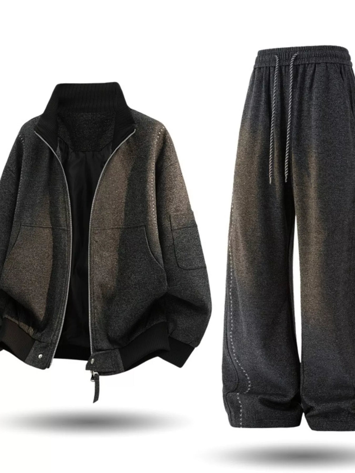 Men's plus size thick tracksuit set by Trendsi with jacket and pants, casual athletic wear, navy blue color, front view.