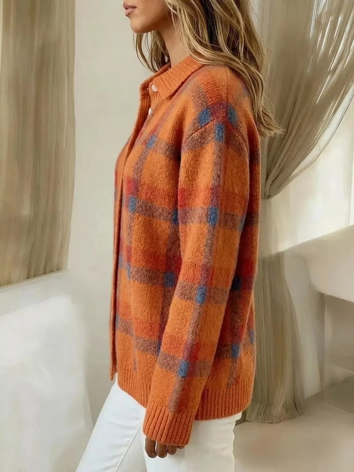 Trendsi plaid button-up cardigan with a cozy, multicolor checkered pattern and front button closure, casual and stylish for everyday wear.