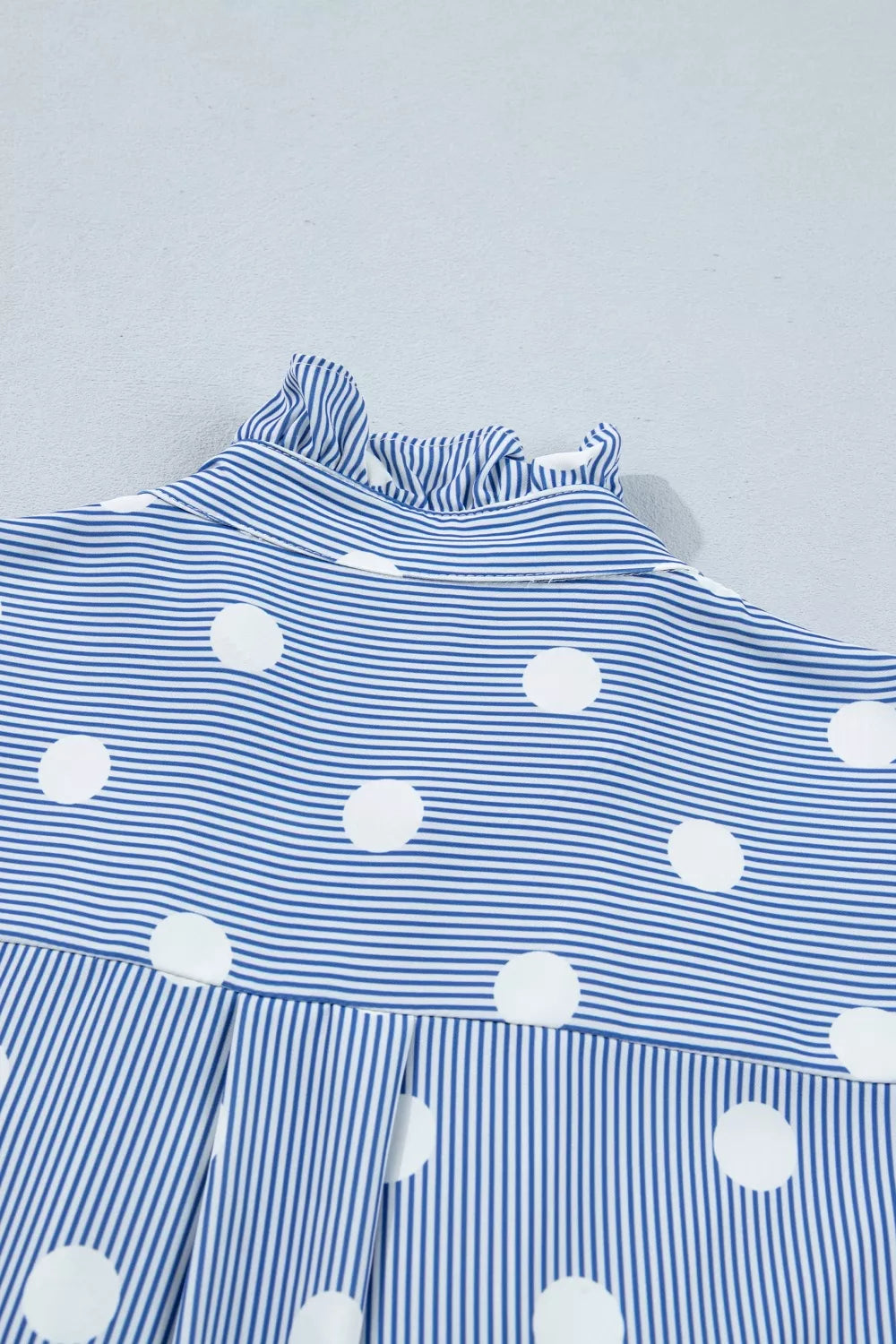 Plush Fashion Hub stripe contrast polka dot print pleated ruffle sleeve shirt, lightweight fabric with feminine design details.