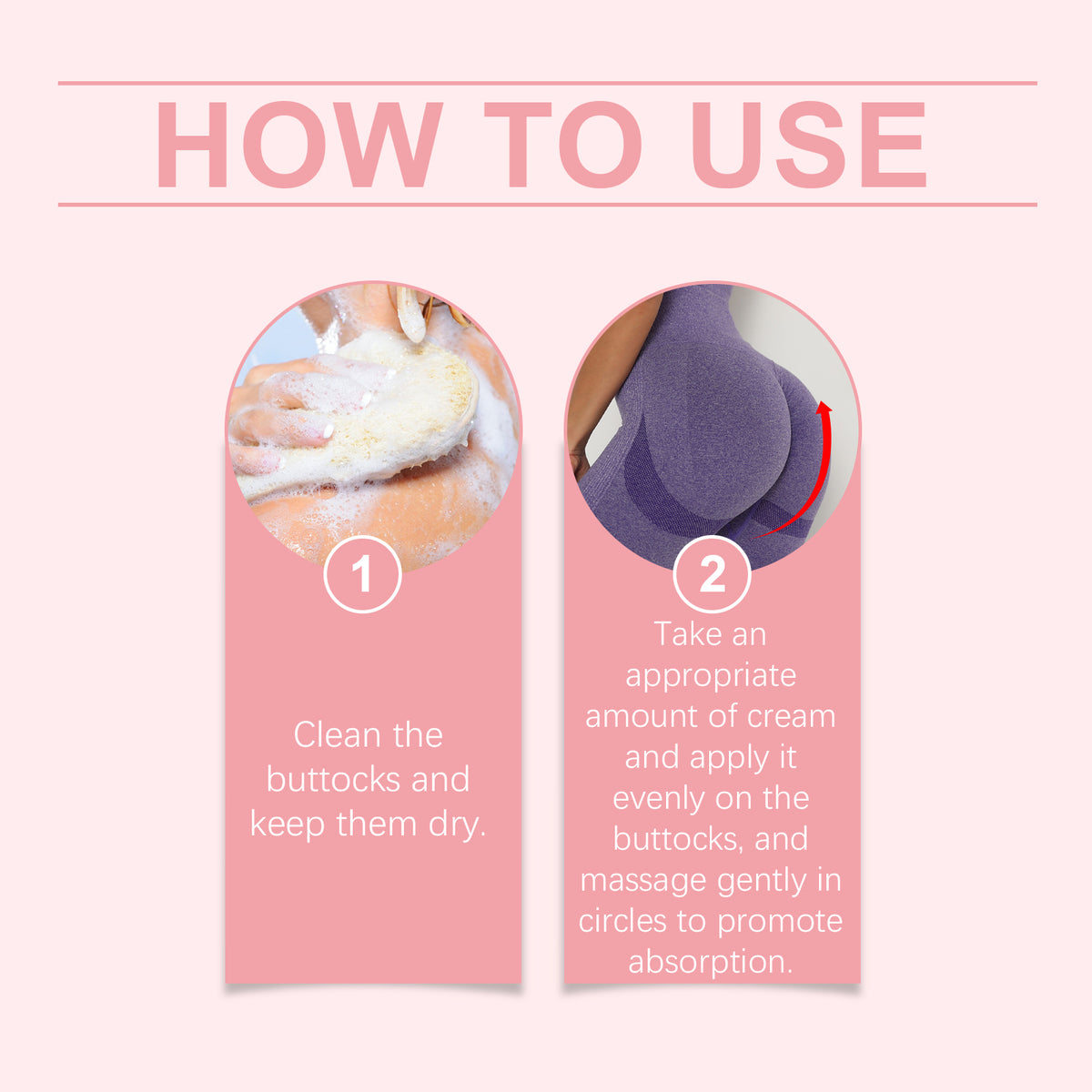 Infographic showing how to use a product, with text instructions and two circular step images.