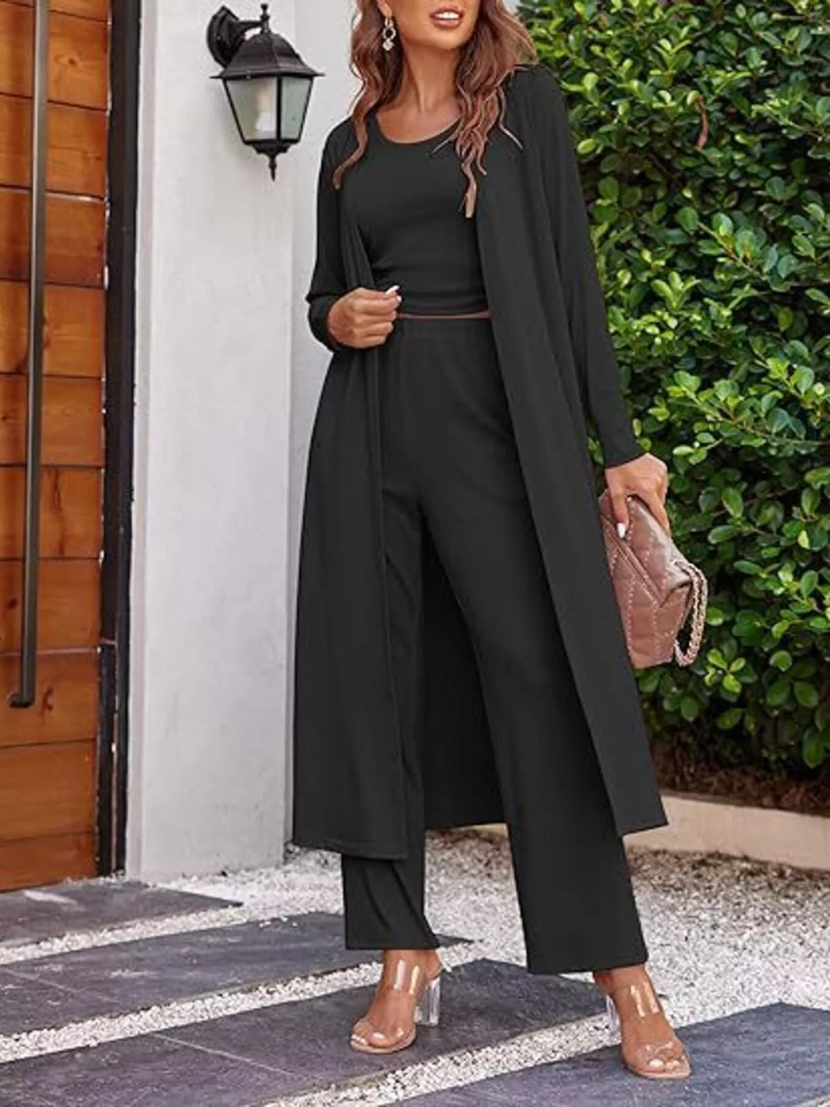 Plush Fashion Hub round neck tank cardigan and matching pants loungewear set, cozy and stylish for relaxed wear.