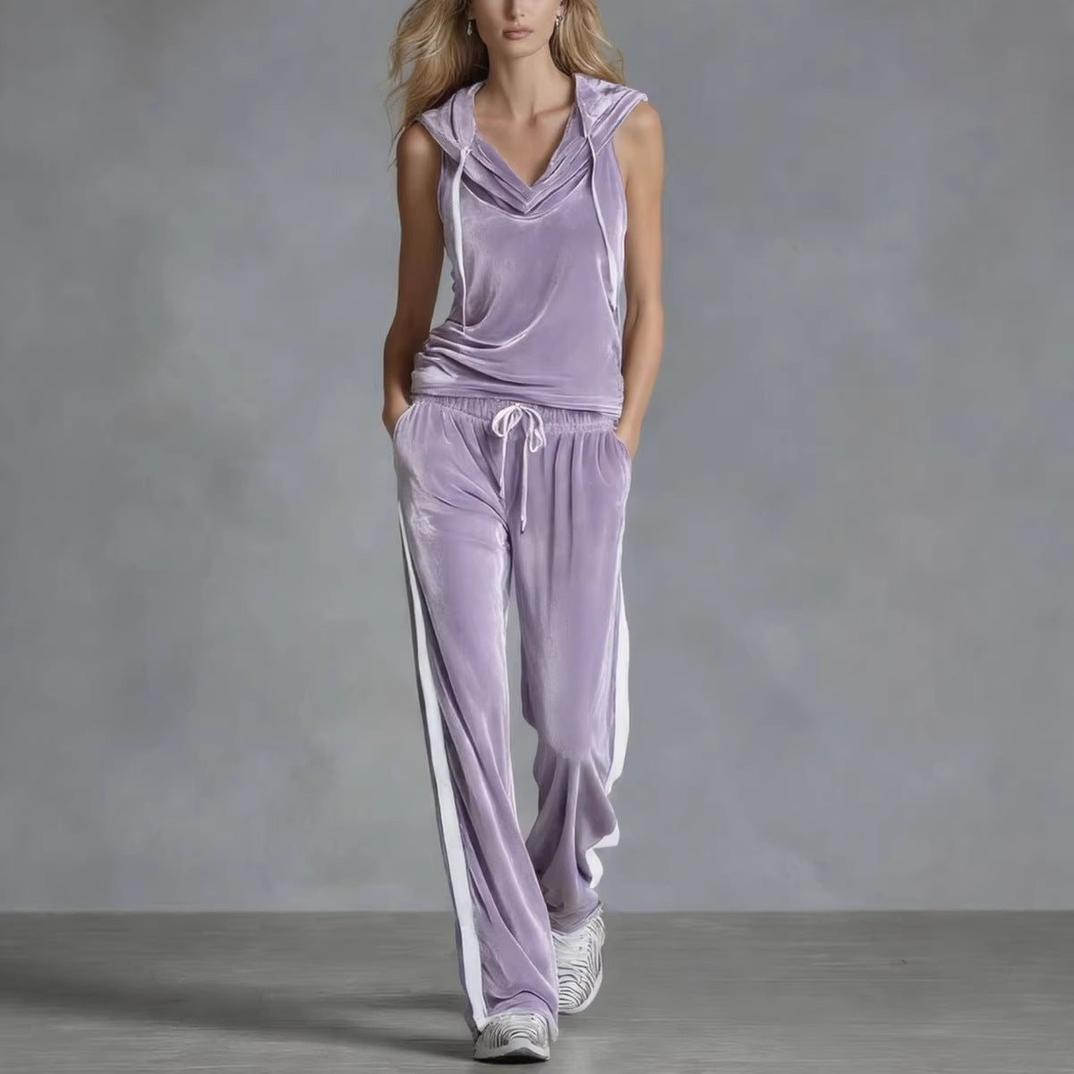 Velvet hooded lounge top from Plush Fashion Hub, soft two-piece set with cozy hood and relaxed fit, ideal for comfortable loungewear.