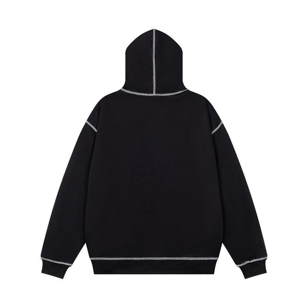 Back of black cotton hoodie featuring a hood, long sleeves, and contrasting white outer seams.