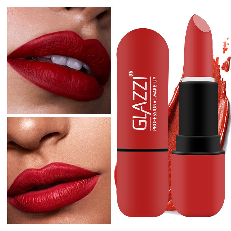 Red Glazzi lipstick tube with white text, shown open and closed next to lips wearing the red lipstick.