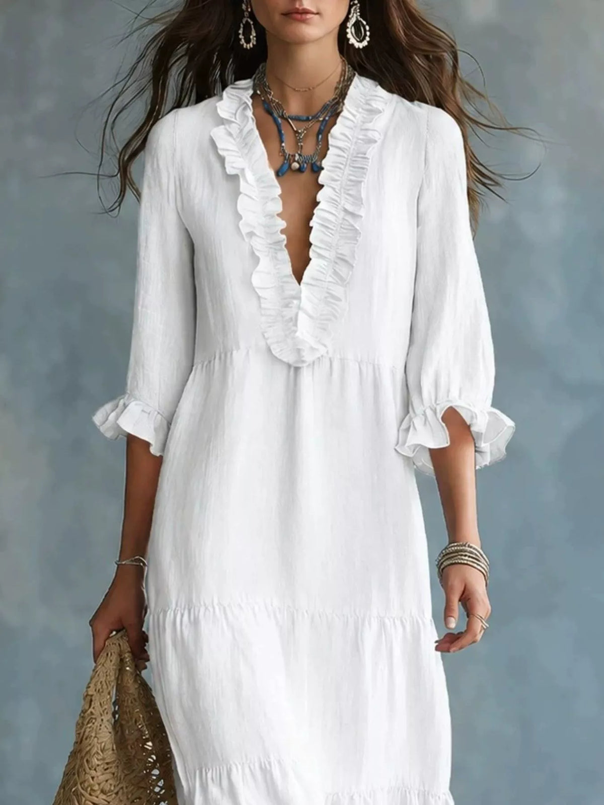 Ruffled V-neck tiered maxi dress by Trendsi featuring flowing fabric and layered skirt for a stylish, elegant look.