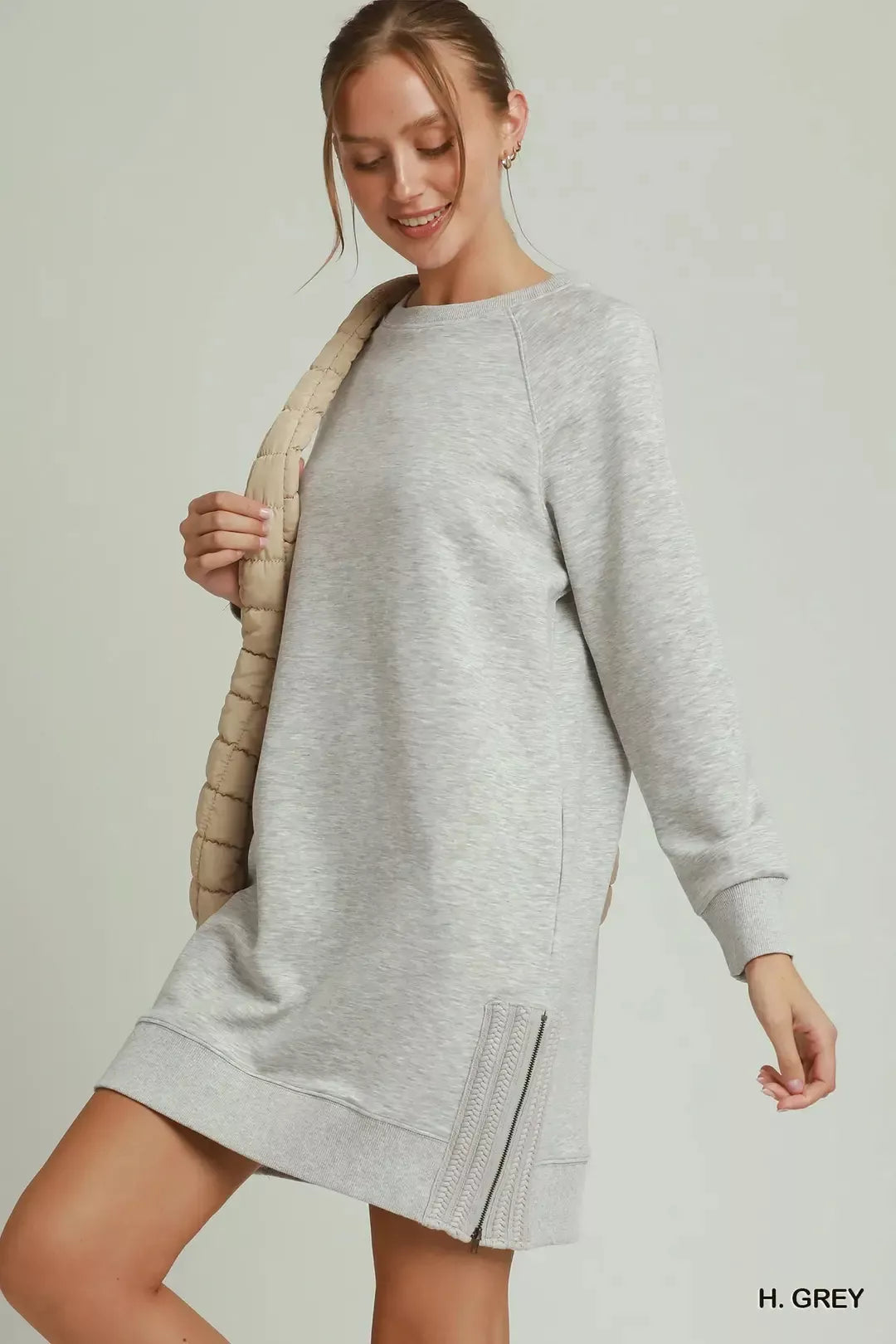 Umgee crochet zipper detailed dress with side crochet accents, stylish and casual, designed by Plush Fashion Hub.