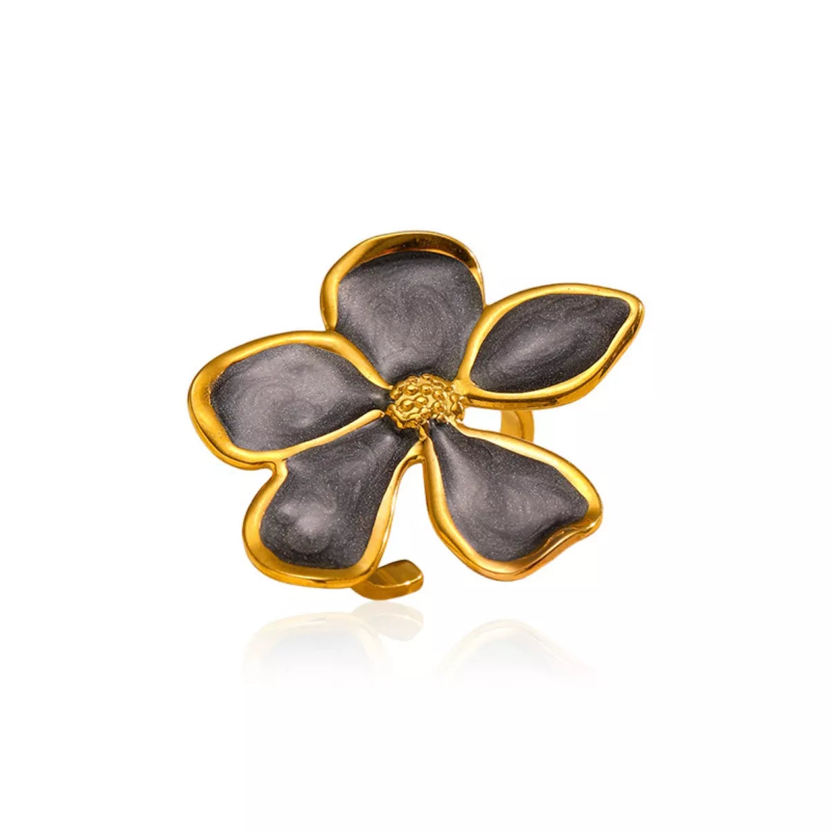 Plush Fashion Hub flower open ring featuring a delicate floral design and gold-tone finish on a sleek band.