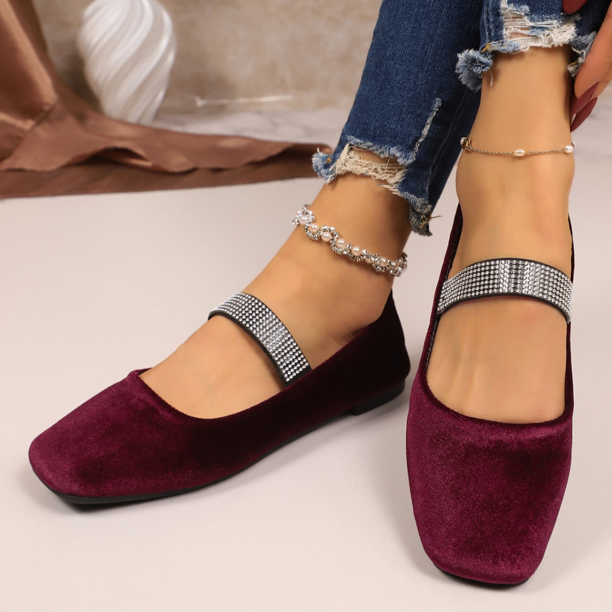 Rhinestone embellished square toe slip-on flats for women from Plush Fashion Hub, showcasing sparkling rhinestones and stylish design.