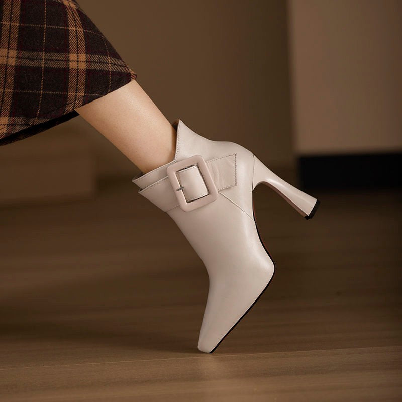 eprolo faux leather pointed toe high heel ankle boots for women with buckle detail
