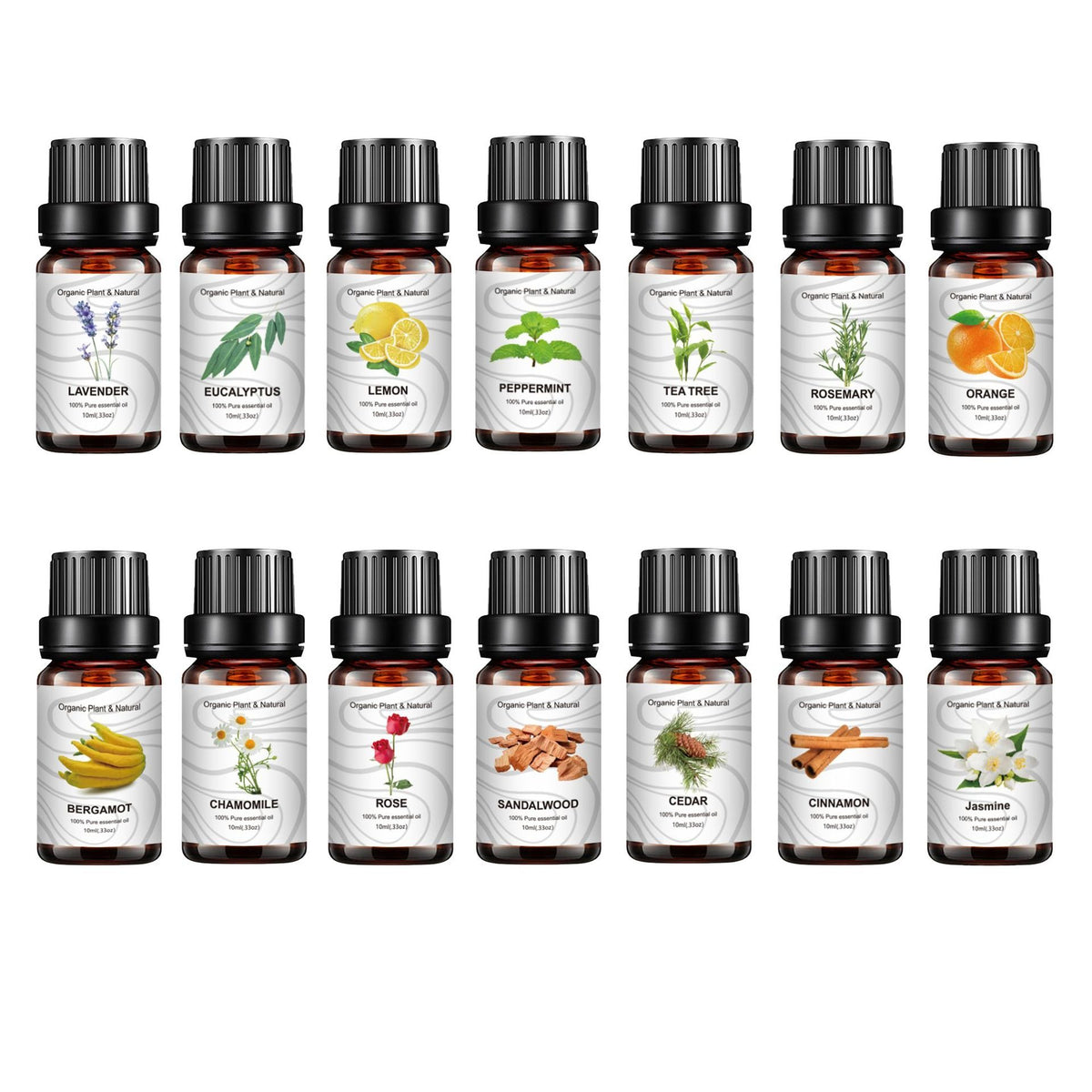 Fourteen amber glass essential oil bottles with black caps and white labels featuring various plant illustrations.