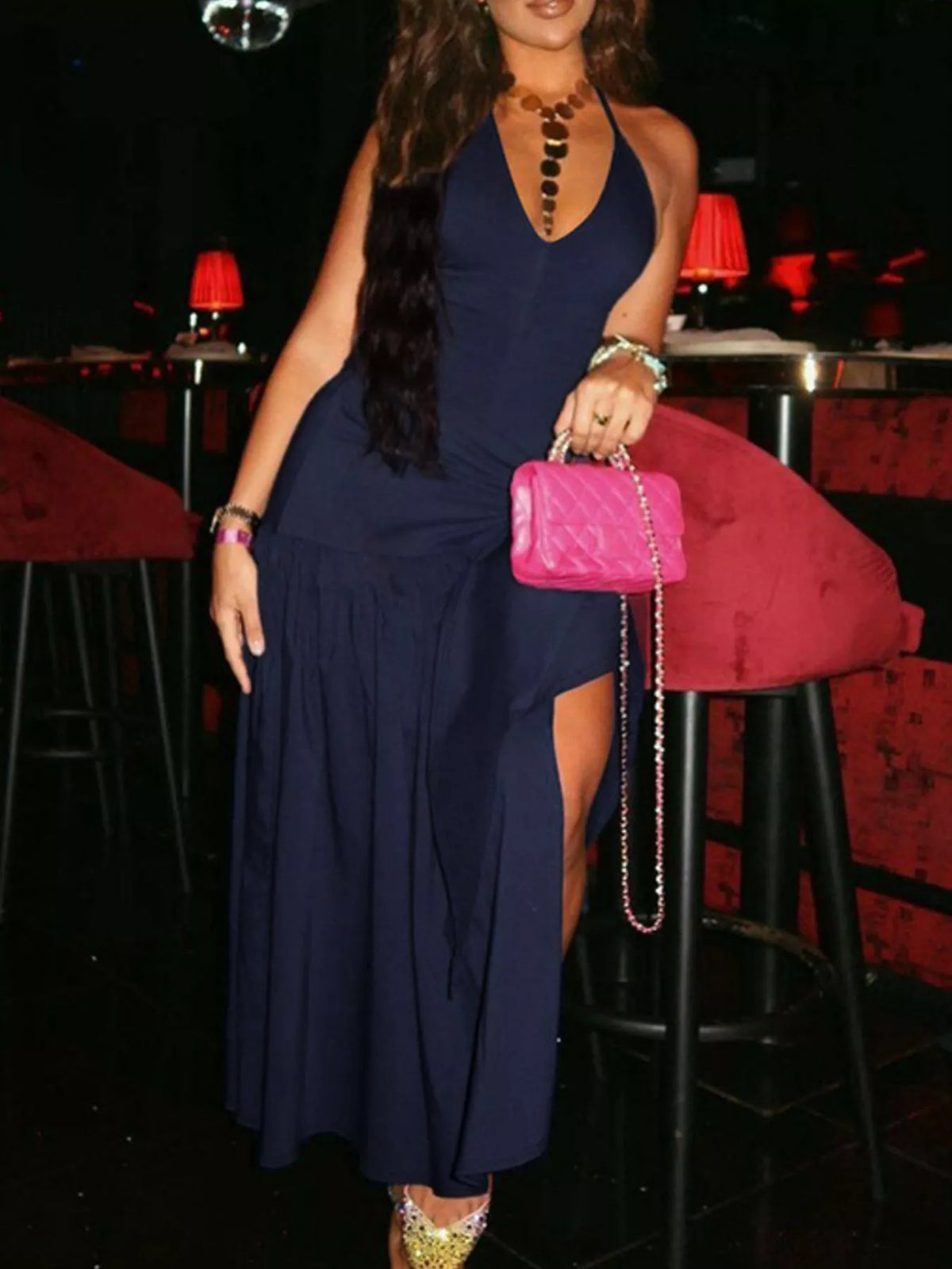 Plush Fashion Hub halter neck ruched bodysuit and matching maxi skirt two-piece set, stylish and elegant outfit for women.