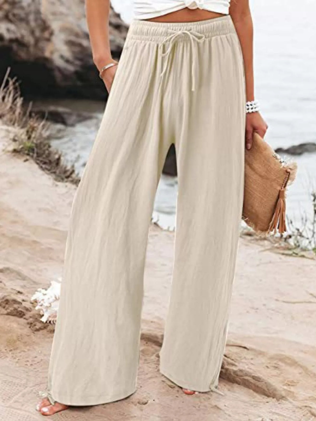 Plush Fashion Hub full-size wide-leg pants with drawstring waist, soft fabric, and comfortable fit for plus size.