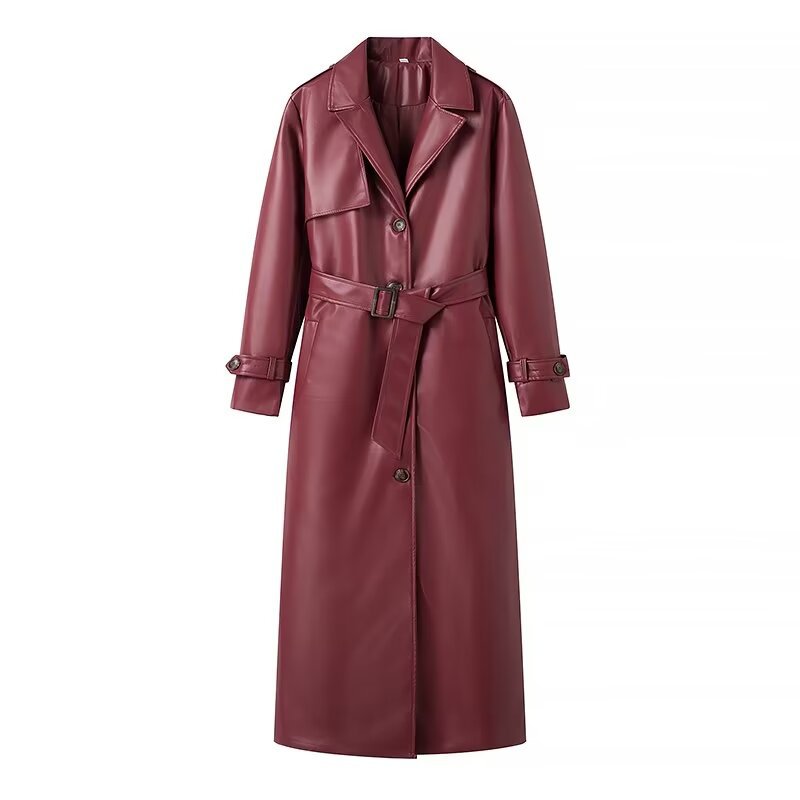 Burgundy faux leather trench coat with wide lapels, matching waist belt, double-breasted button closure, and sleeve straps.