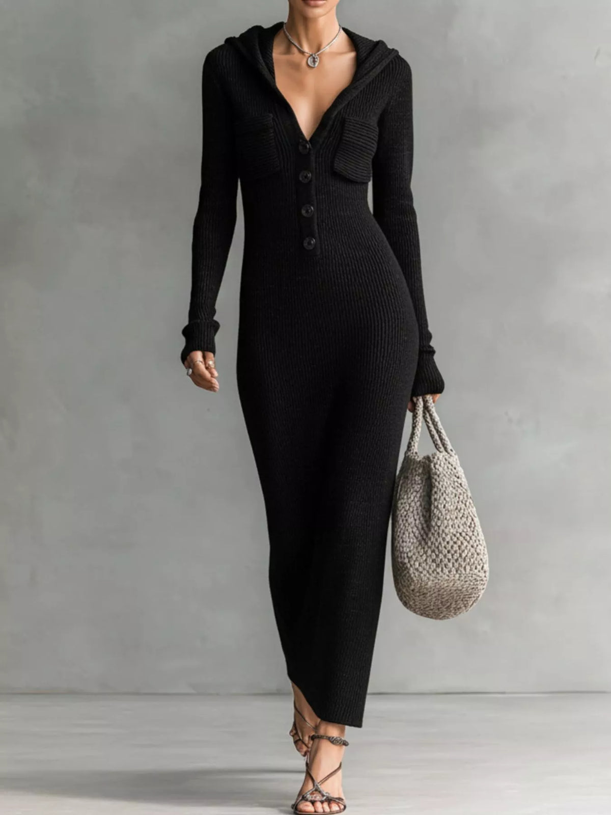 Knit hooded maxi dress with button placket and side pockets, stylish and comfortable Trendsi dress in a cozy knit fabric