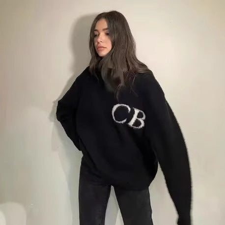 Unisex oversized CB letter knit crew neck sweater by Plush Fashion Hub, featuring a casual, relaxed fit with a bold letter design.