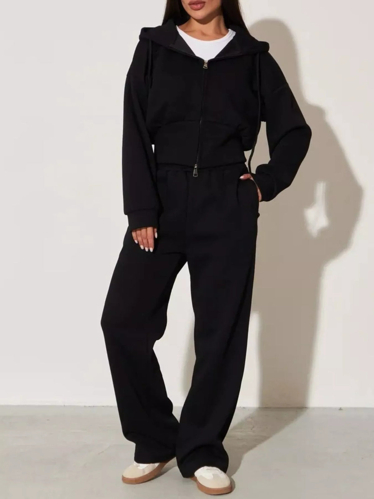 Plush Fashion Hub zip-up hoodie and wide-leg pants loungewear set, showing soft fabric and relaxed fit in neutral tones