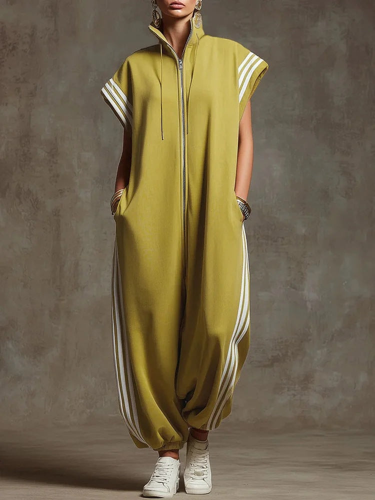 Striped zipper stand collar jumpsuit from Plush Fashion Hub, stylish outfit set with bold vertical stripes and a front zipper closure.