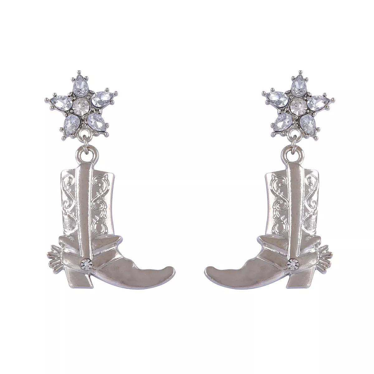 Western style dangle earrings with cowboy boot design from Plush Fashion Hub, featuring intricate metal detailing.