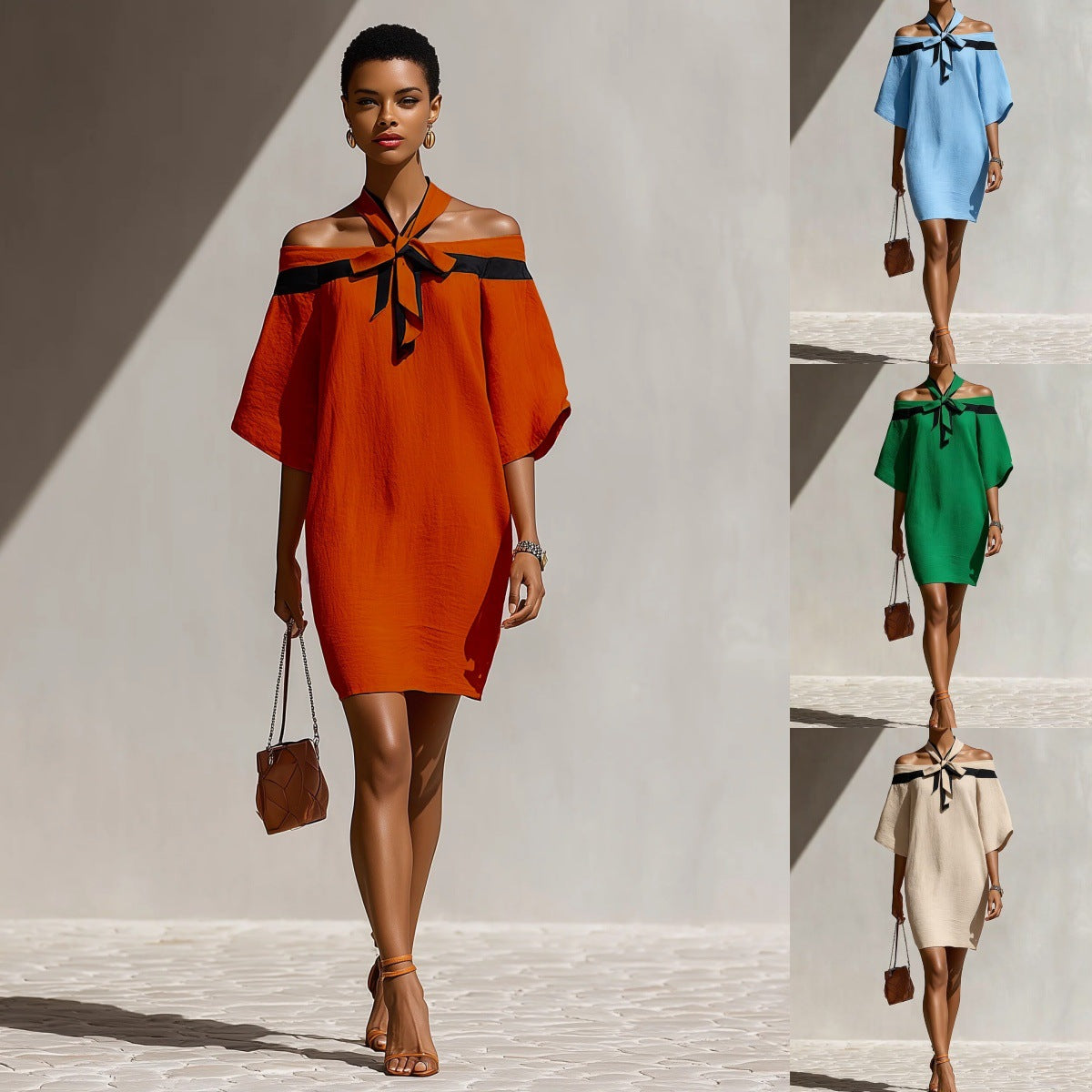 Eprolo one shoulder bow collar dress featuring a stylish design with elegant draping and a fitted silhouette.