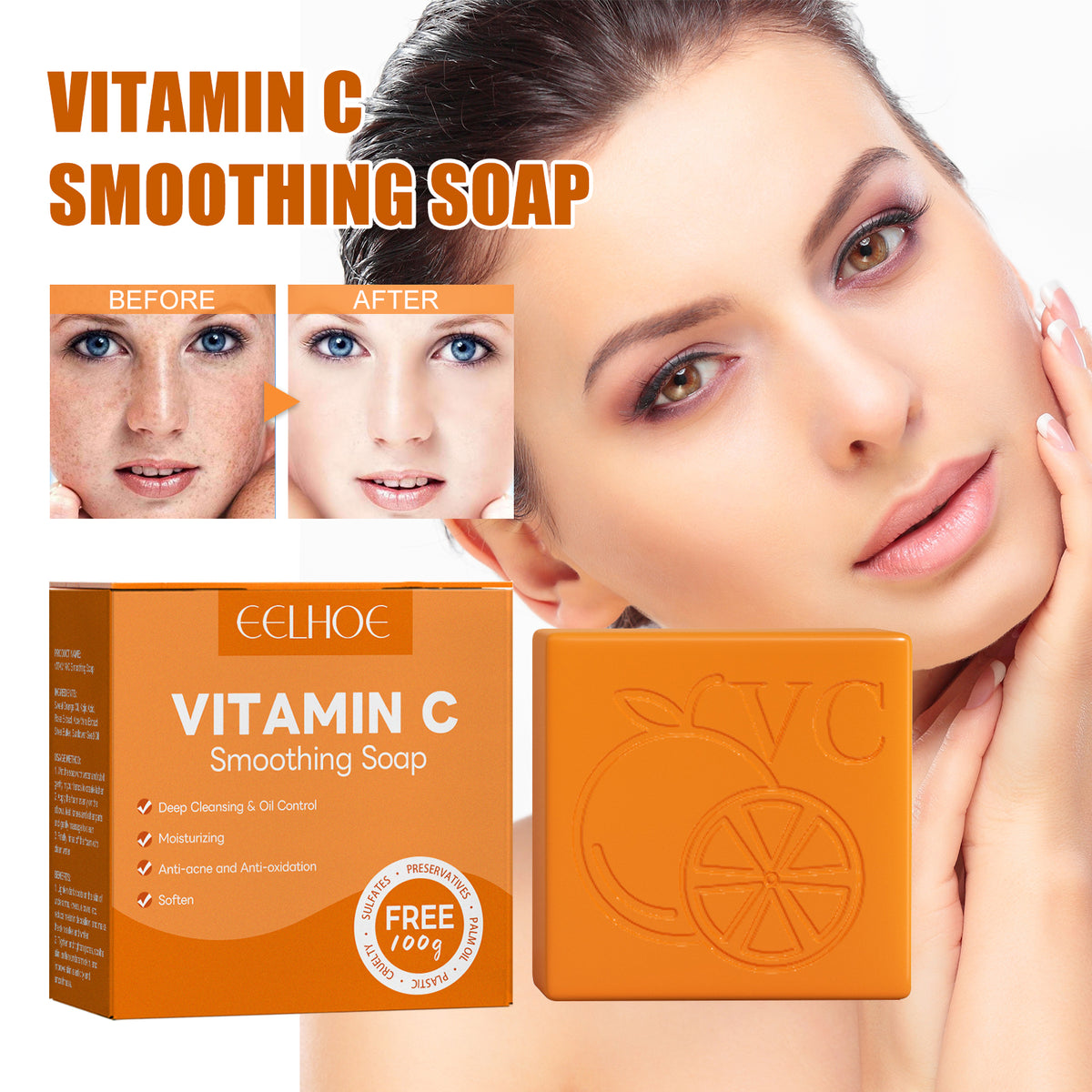 Orange Vitamin C soap bar and box with orange slice embossing, accompanied by a model and "before/after" graphic.
