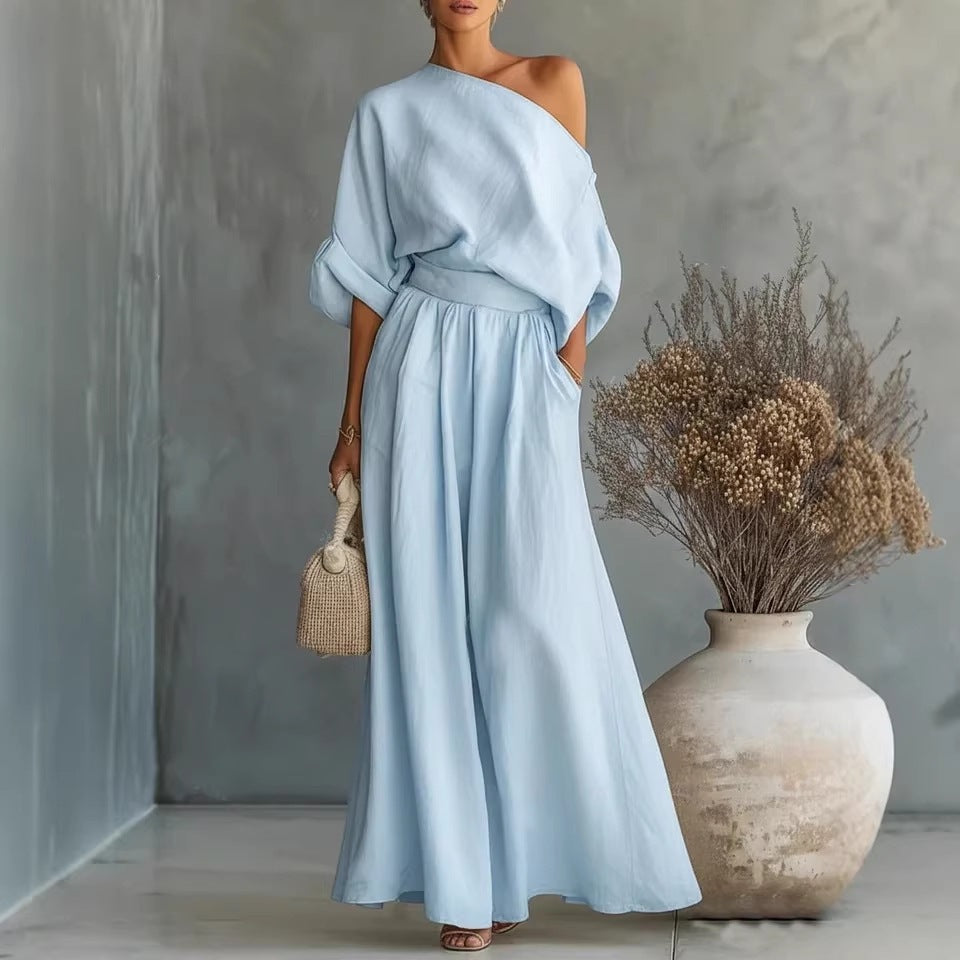 Elegant fitted asymmetrical shoulder top and matching pants two-piece set by Plush Fashion Hub, stylish outfit for modern looks.