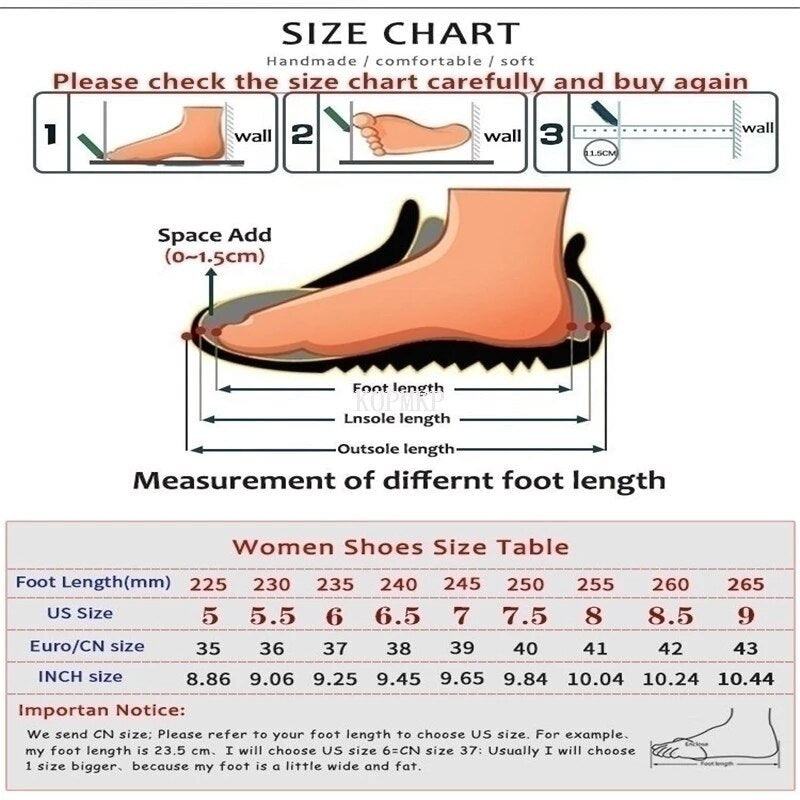 Shoe size chart showing how to measure foot length with a diagram and a table comparing millimeters, US, Euro, and inch sizes.