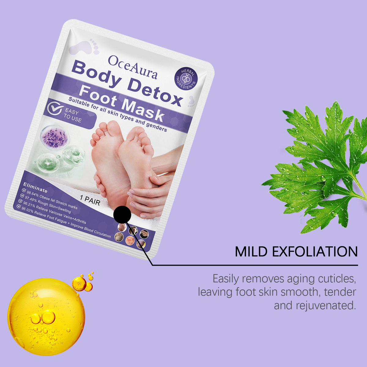OceAura Body Detox Foot Mask packet in purple and white with feet and herbal graphics on a purple background.