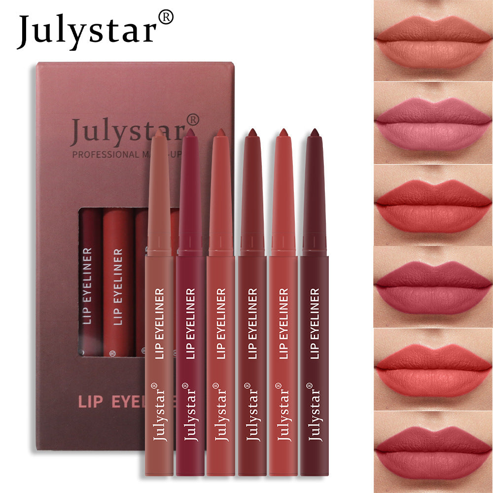 Six Julystar lip liner pencils in various matte nude and berry shades, shown with a matching box and lip swatches.