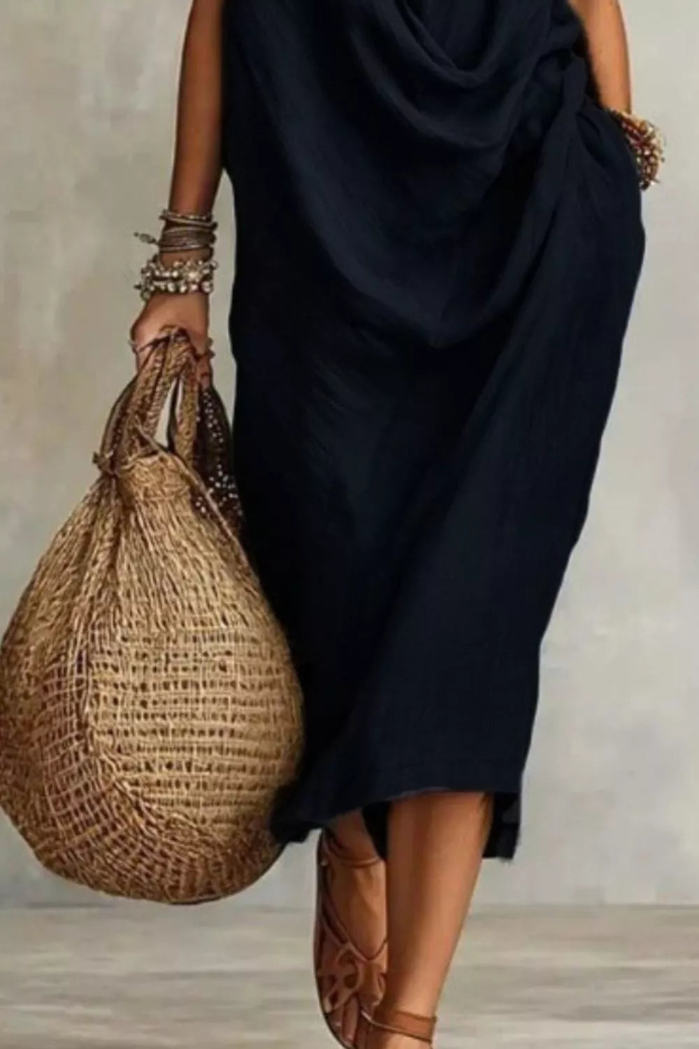Sleeveless drape neck midi dress by Plush Fashion Hub, featuring flowing fabric and elegant design on a neutral background.