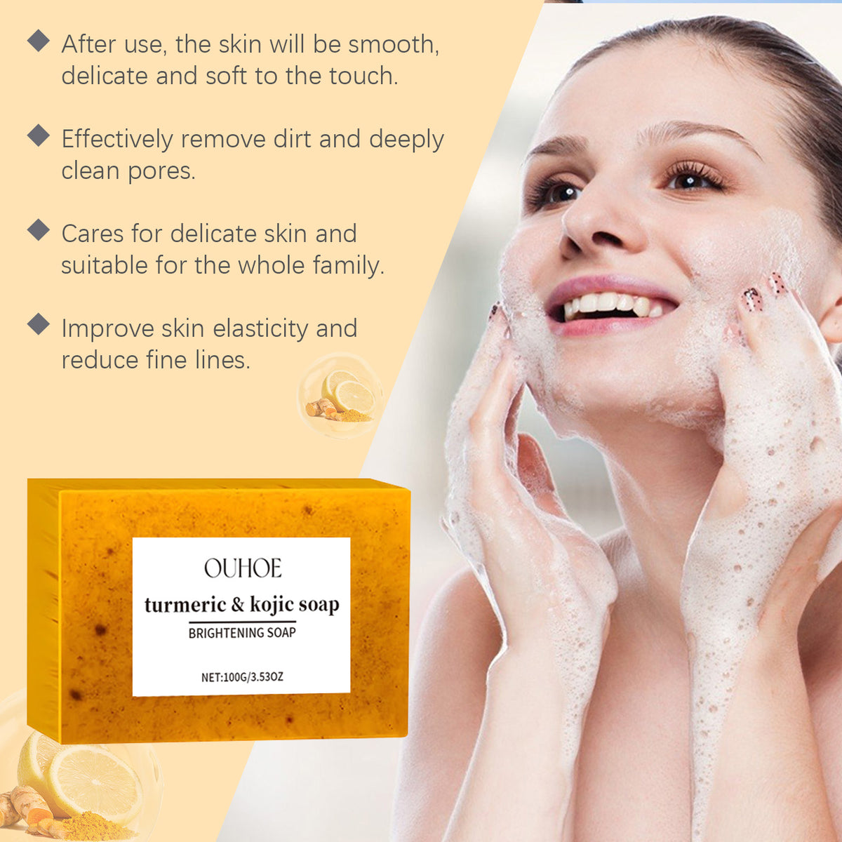 Yellow Ouhoe turmeric and kojic soap bar with a white label, next to text and a woman washing her face.