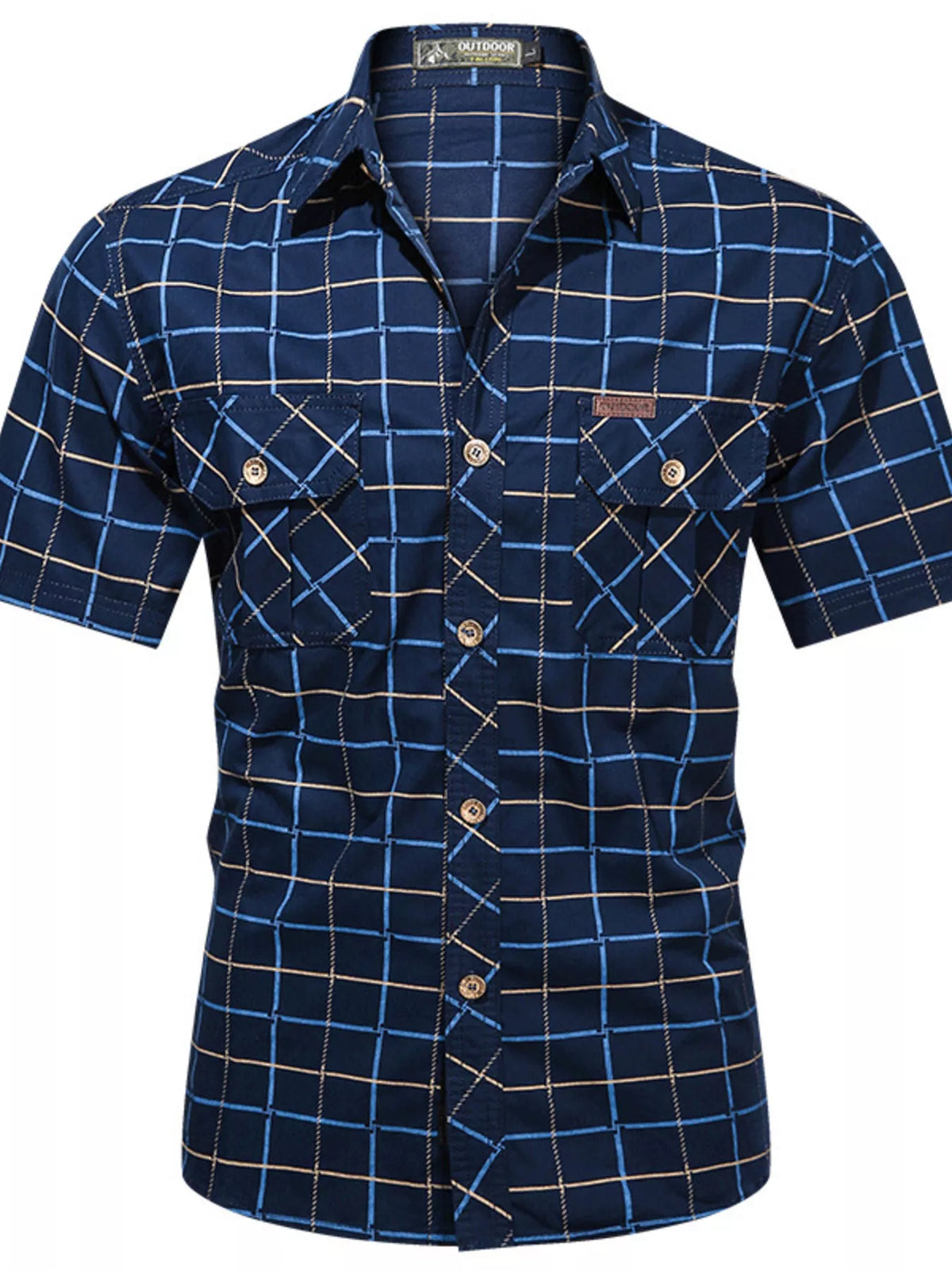 Men's plus size casual plaid short-sleeve shirt from Plush Fashion Hub, featuring a classic checkered pattern and relaxed fit.