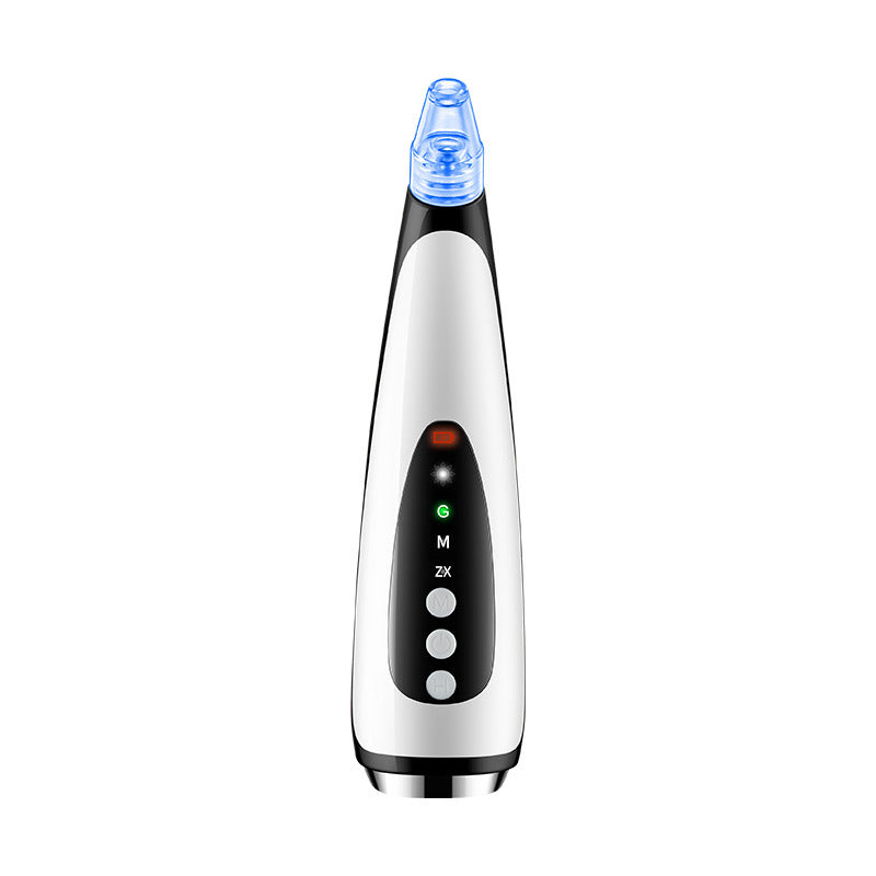 White and black plastic skincare device with a blue nozzle, control panel, and silver base.