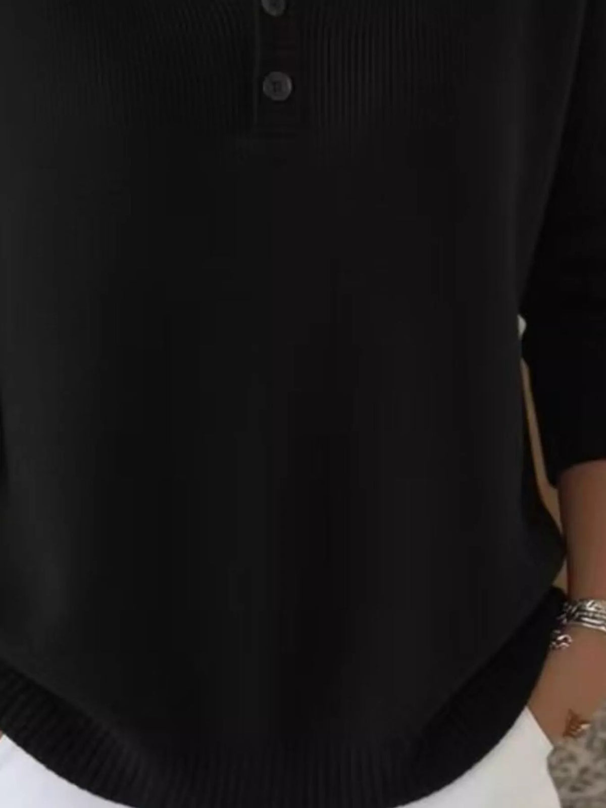 Plus size ribbed knit sweater with button details, featuring a cozy fit and stylish design from Trendsi.