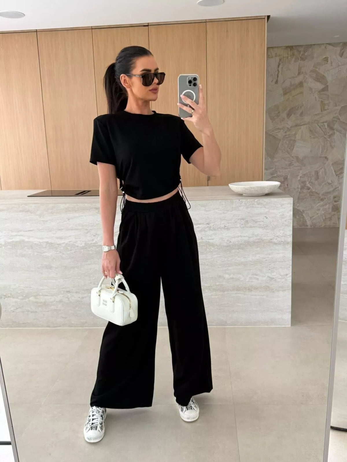 Drawstring crop top and wide-leg pants set by Plush Fashion Hub, stylish matching loungewear with comfortable fit and trendy design.