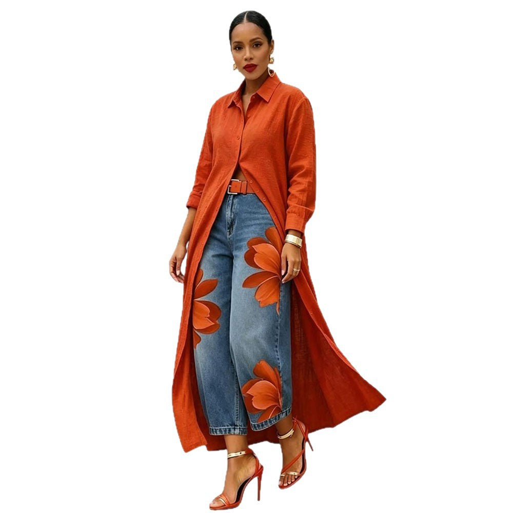 Women’s floral printed cropped denim jeans by Plush Fashion Hub, featuring street style design and vibrant floral patterns.