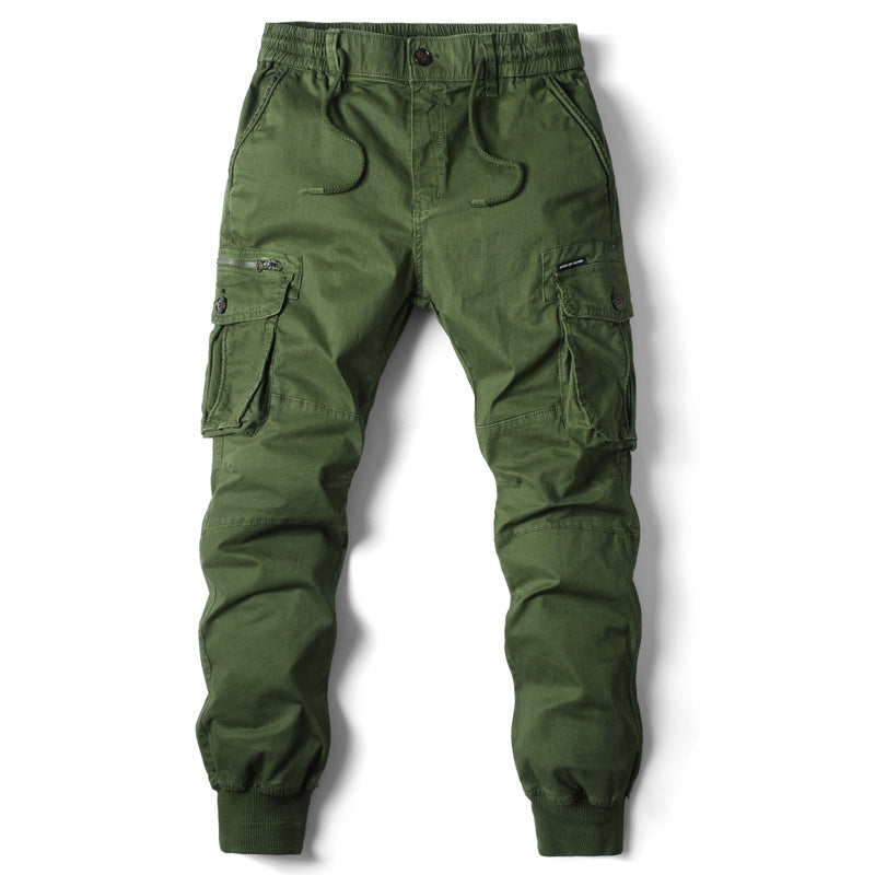 Olive green cargo joggers with elastic drawstring waist, side pockets, zipper, and ribbed ankle cuffs.