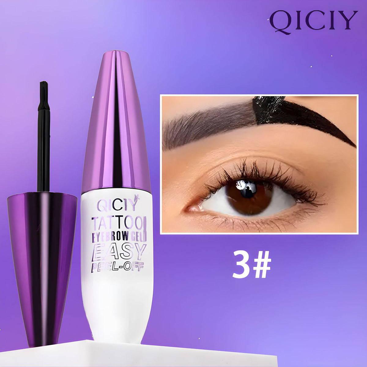 Qiciiy purple and white peel-off eyebrow gel bottle with applicator brush and an inset showing gel being peeled from an eyebrow.