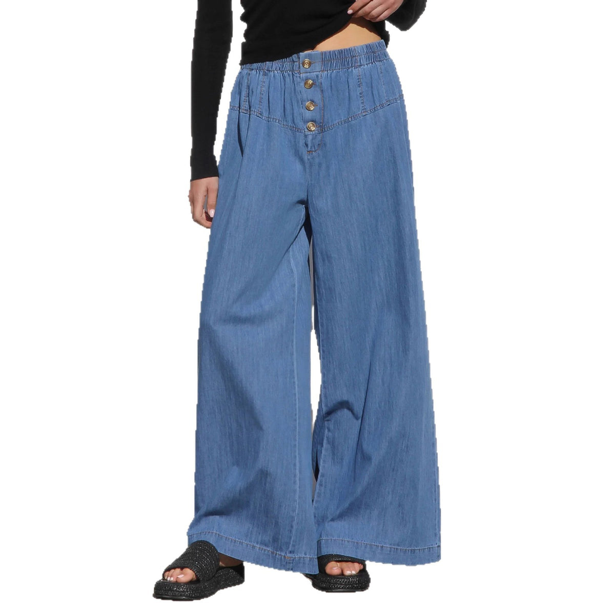 Blue wide-leg denim pants featuring an elastic waist, front buttons, and a yoke seam.