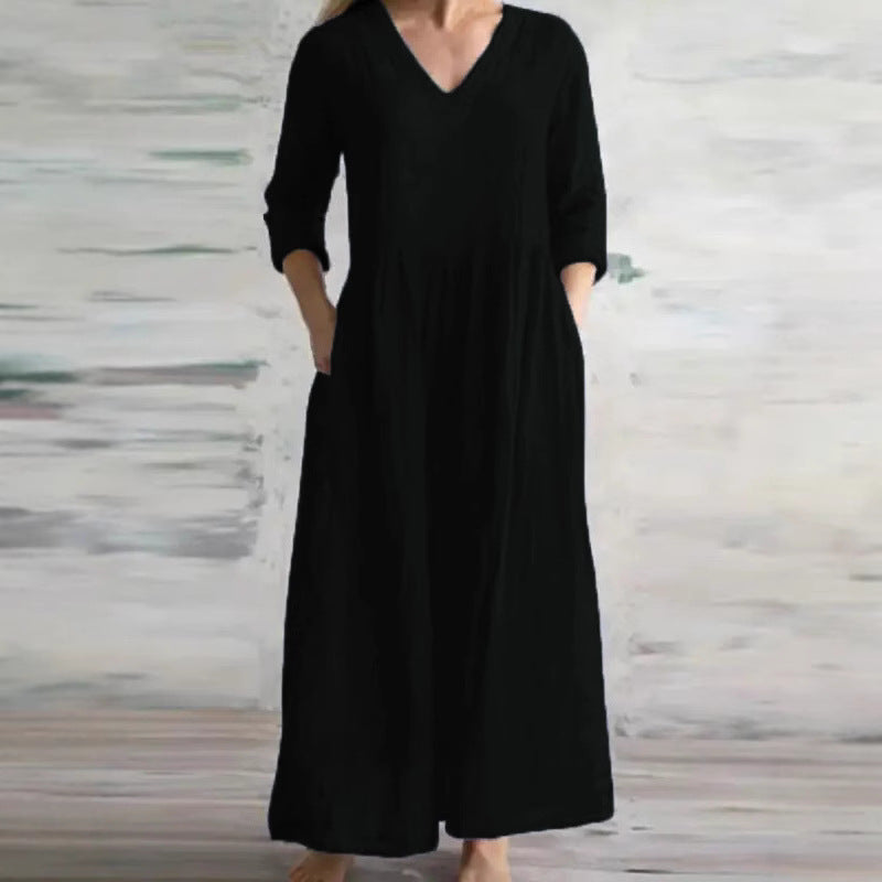 Eprolo V-neck loose-fitting long skirt in soft fabric, flowing style, with a relaxed fit and elegant silhouette.