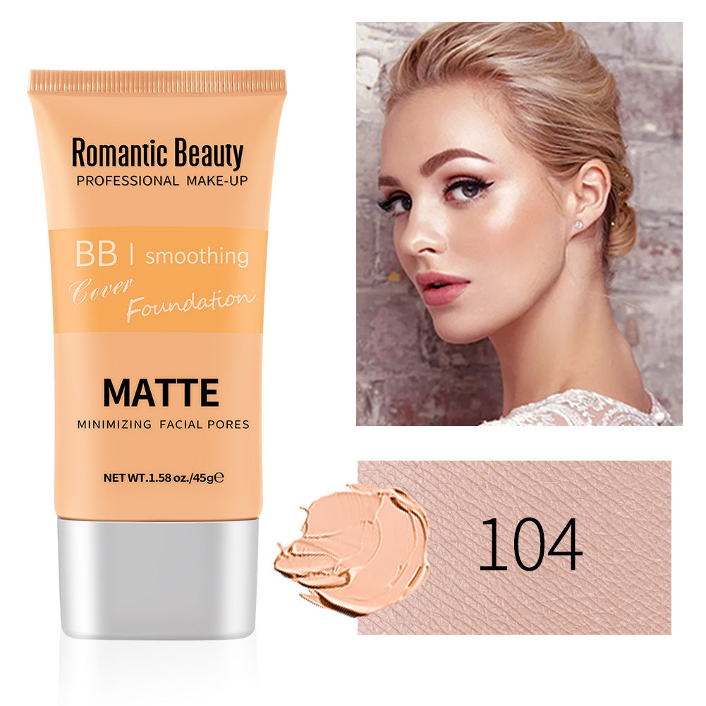 Romantic Beauty Matte BB smoothing foundation tube, shade 104, light tan with beige swatch and model.