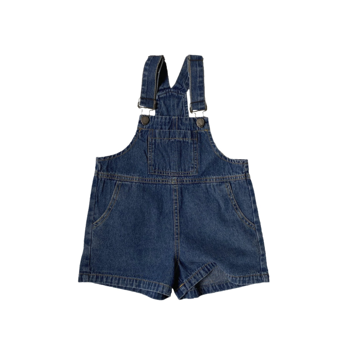 Blue denim overalls with a bib pocket, side pockets, and adjustable metal buckle straps.