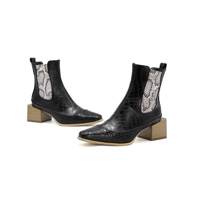 Black leather Chelsea boots with croc pattern, square toe, wooden block heel, and snakeskin ankle gusset.