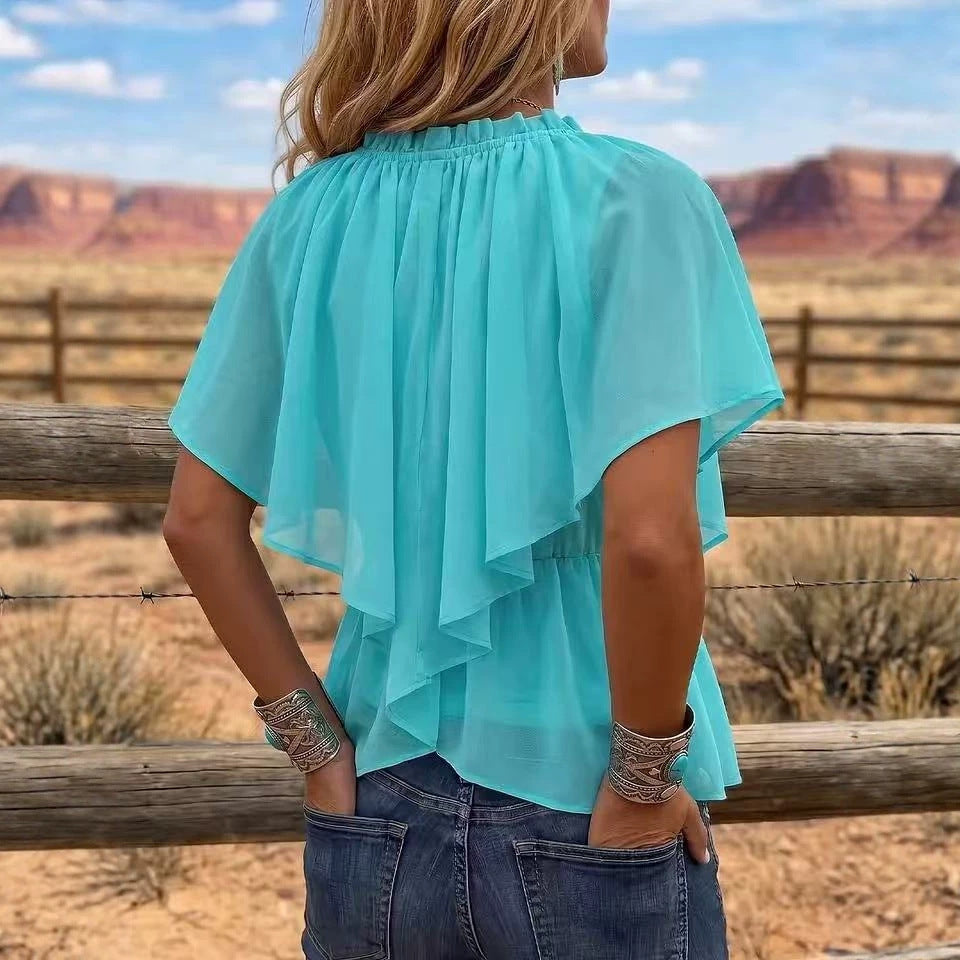 Eprolo stylish chiffon blouse with V-neck, pleated ruffle flare sleeves, waist-cinching hem, slim fit, and irregular hem design.