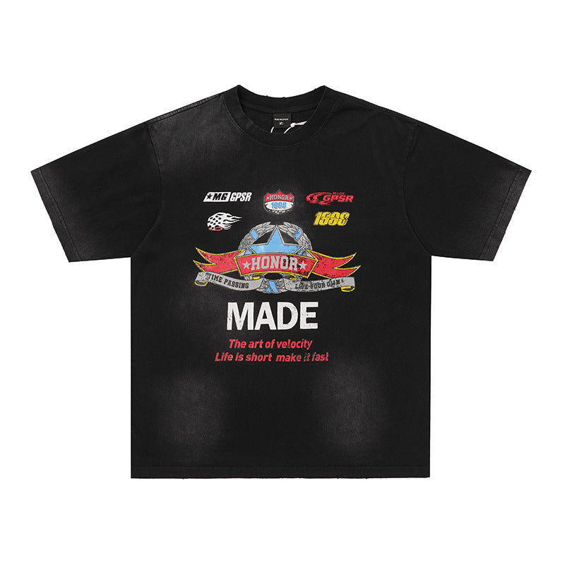 Eprolo racing elements short sleeve shirt featuring dynamic racing graphic design on a casual men's T-shirt.