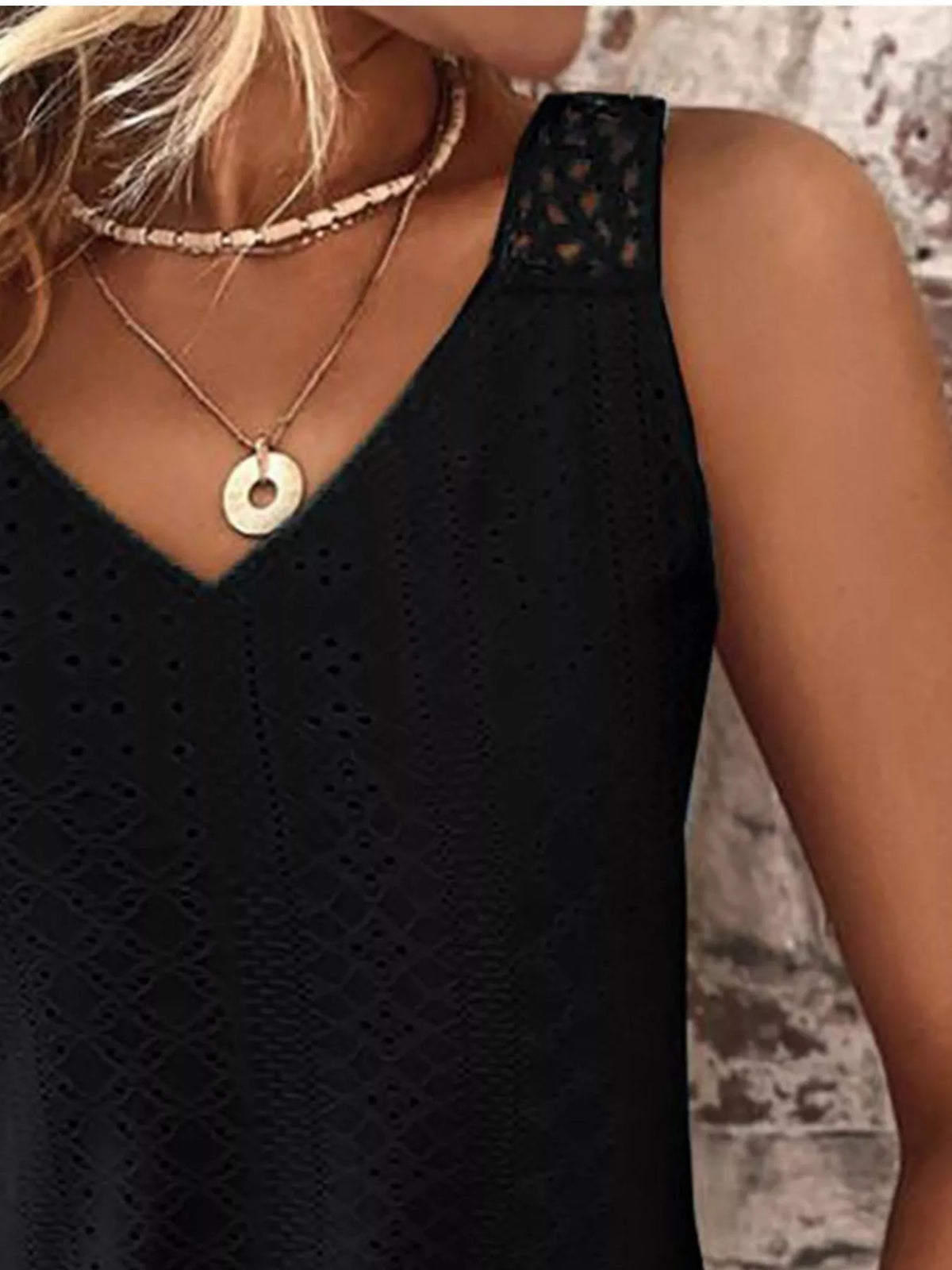 Light blue eyelet lace trim V-neck tank top from Plush Fashion Hub, featuring delicate lace details and a relaxed fit.