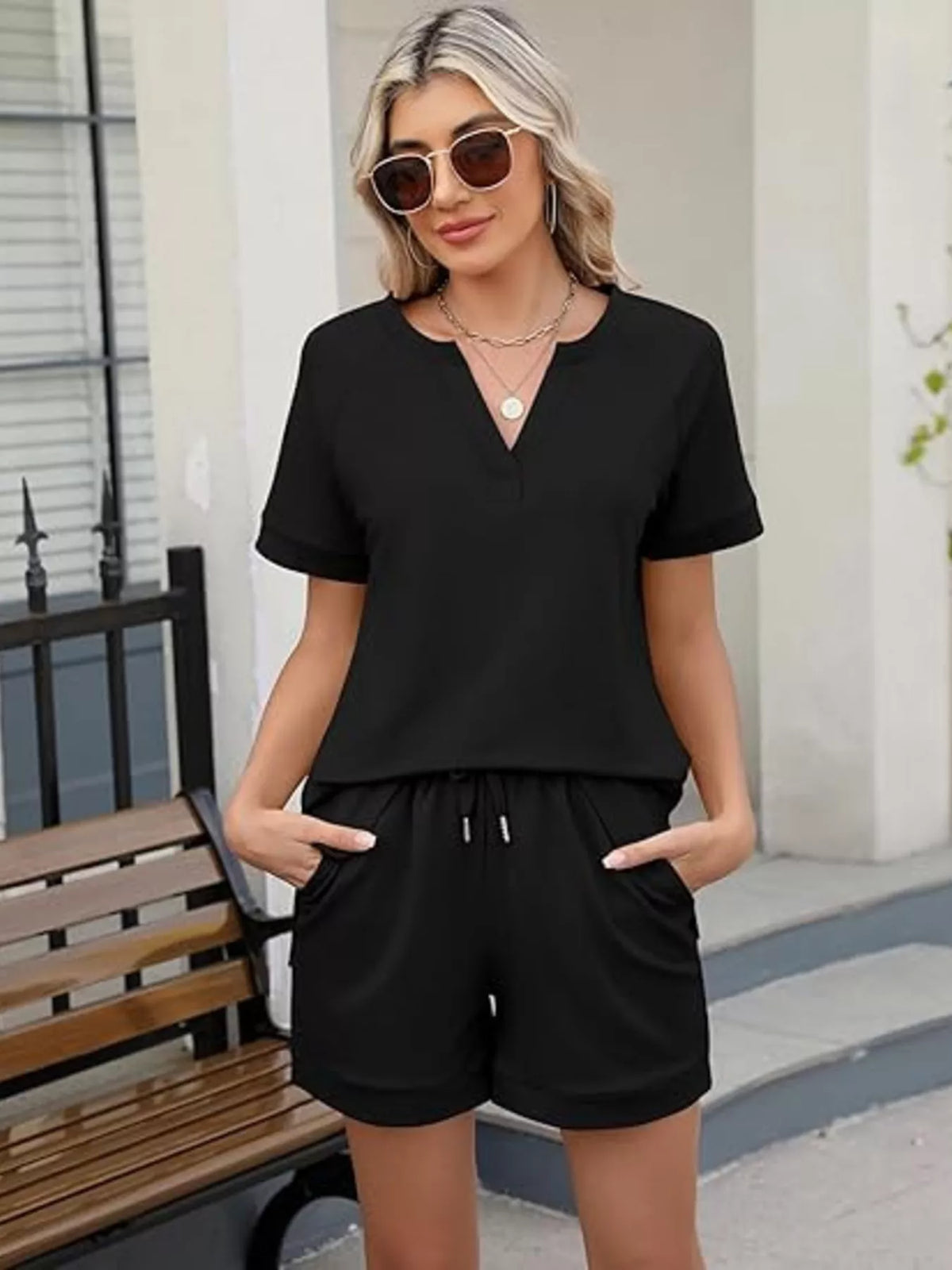 Plush Fashion Hub solid color short sleeve top and matching shorts two-piece apparel set, casual summer outfit for women.